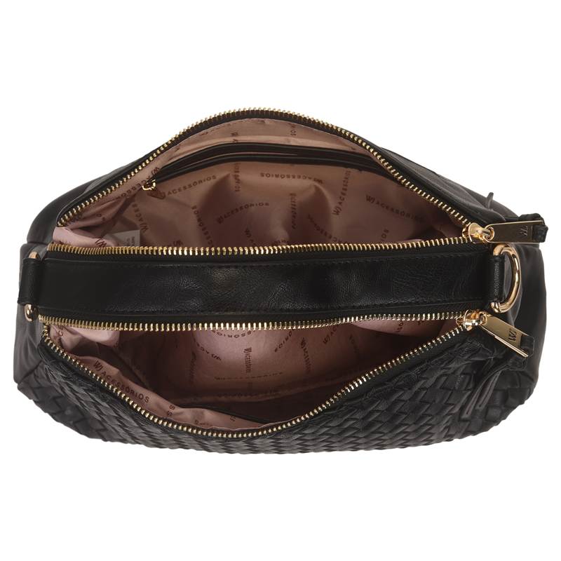 Interior da bolsa tiracolo feminina preta WJ mostrando bolso interno e divisórias